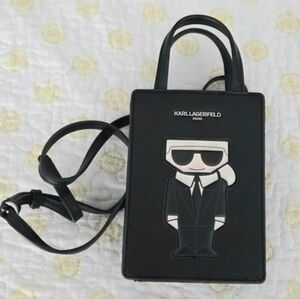 Karl Lagerfeld Black Leather Mini Tote Crossbody with Character Applique